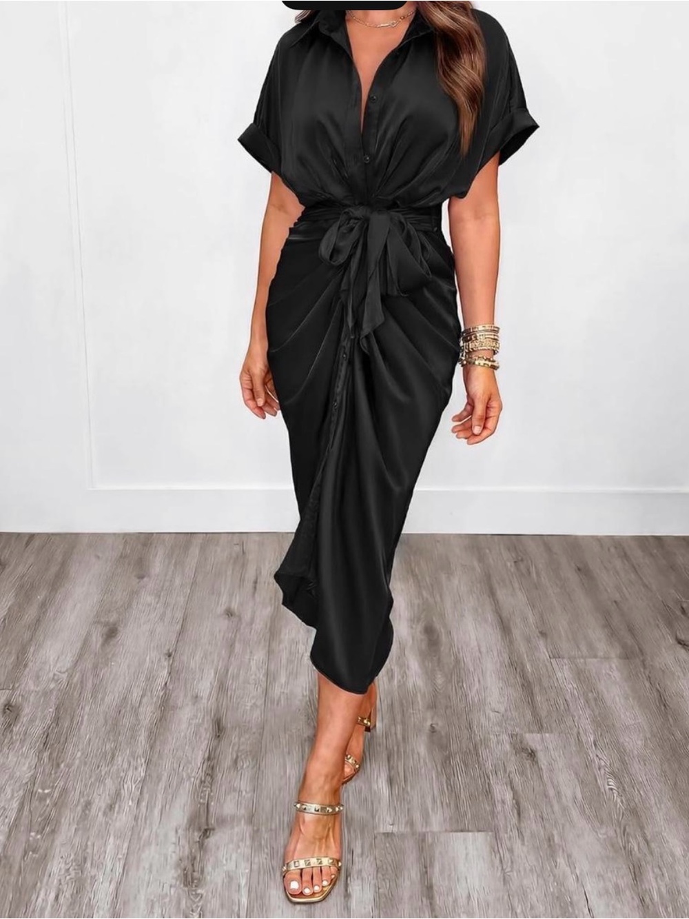 Tie-Waist Button-Front Black Satin Shirt Dress